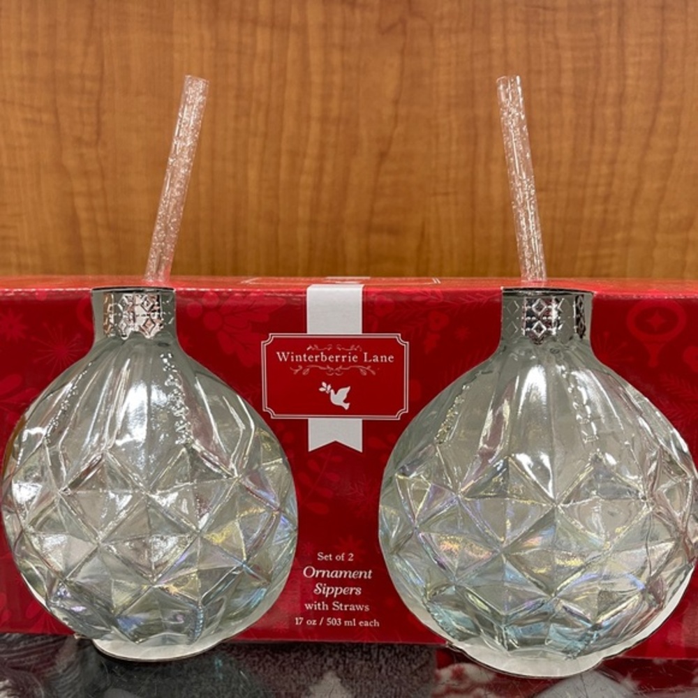 Christmas Ornament Iridescent Glass Sipper with Straw Set of 2 Winterberrie Lane